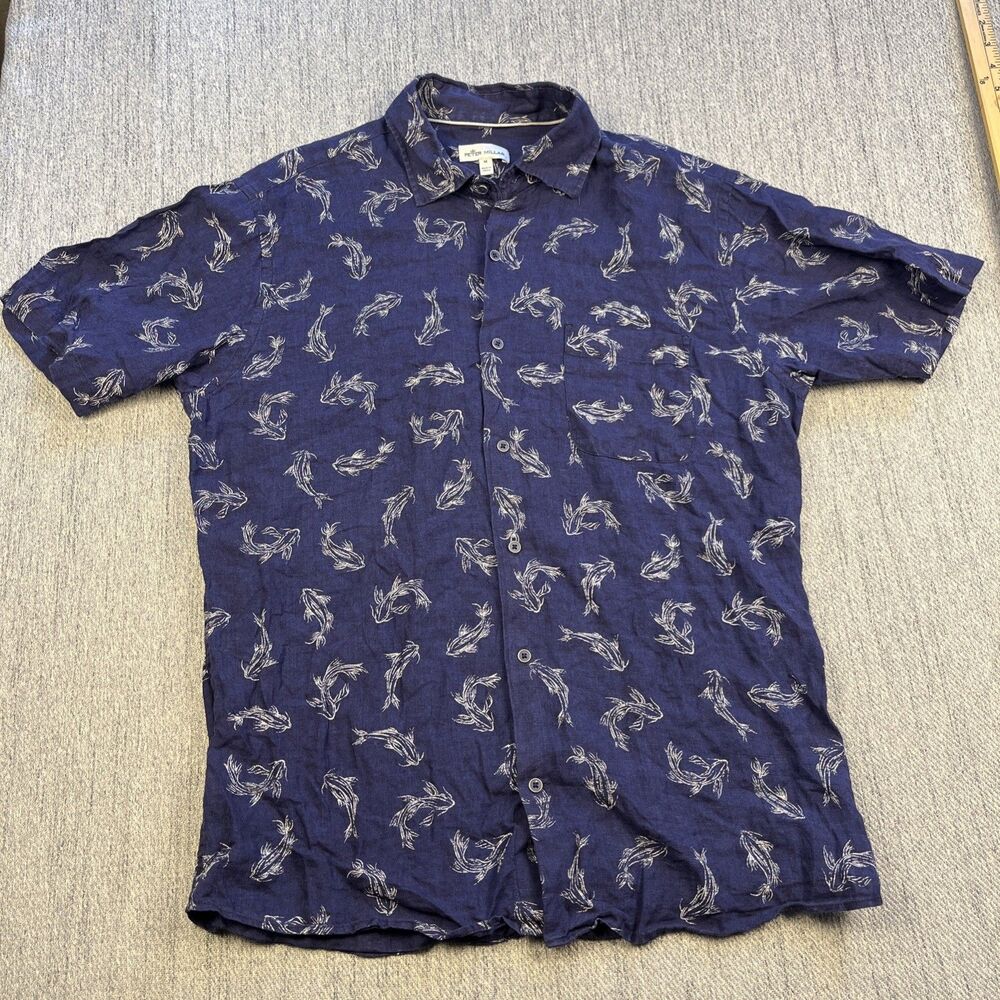 Peter Millar Secret Cove Linen Shirt Mens Medium M Blue Koi Fish Short Sleeve